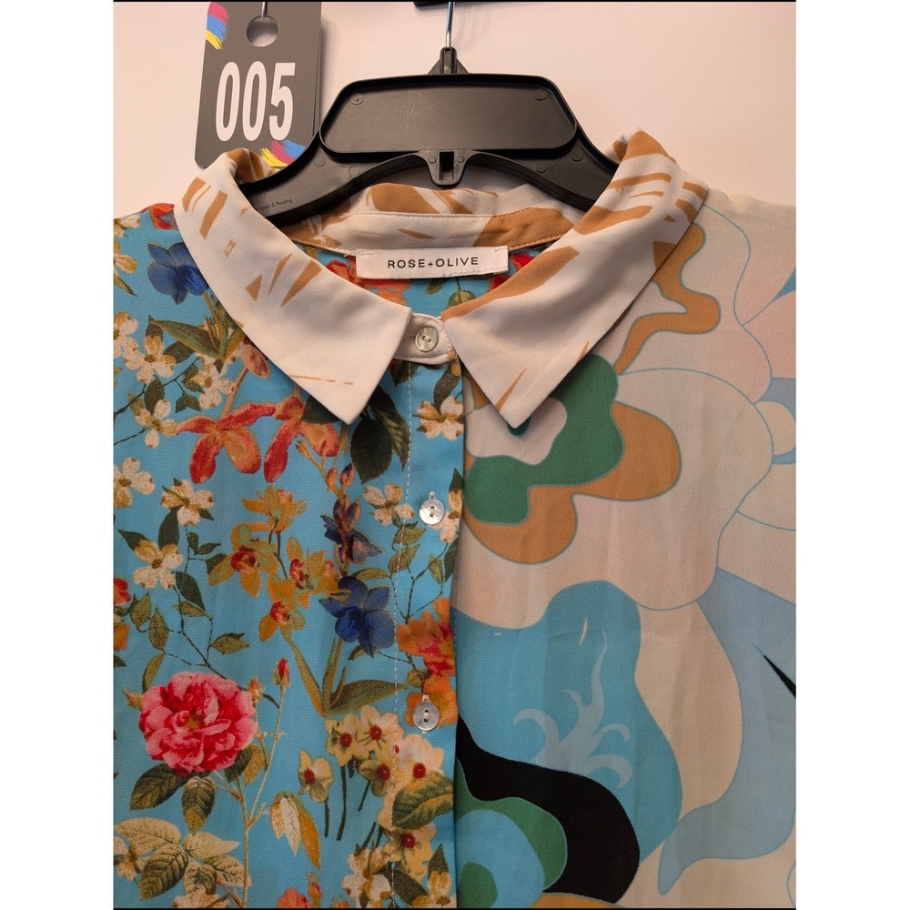 Rose + Olive Mixed Floral Abstract Print Button Down Blouse Blue Tan 3/4 Sleeve - Picture 3 of 10